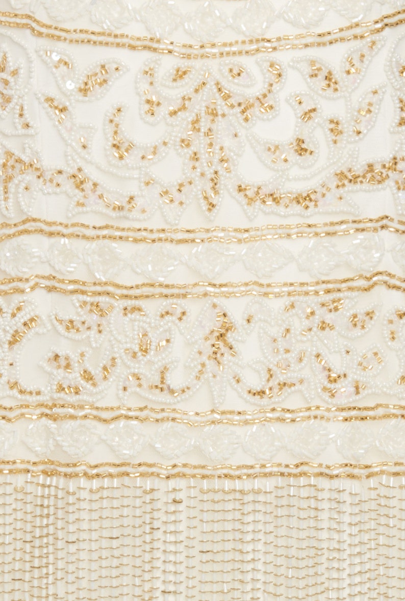 US8 UK12 AUS12 EU40 Ivory Gold Flapper Clara Fringe Dress 20s Great Gatsby ArtDeco Downton Abbey Bridesmaid Wedding Receptions Bridal Shower