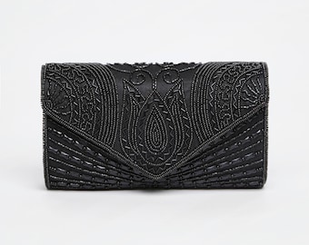 Vintage Inspired Black Beatrice Wedding clutch purse bag Hand Embellished 20s Gatsby Flapper Charleston Downton Abbey Art Deco New