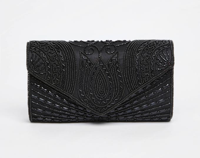 Vintage Inspired Black Beatrice Wedding clutch purse bag Hand Embellished 20s Gatsby Flapper Charleston Downton Abbey Art Deco New