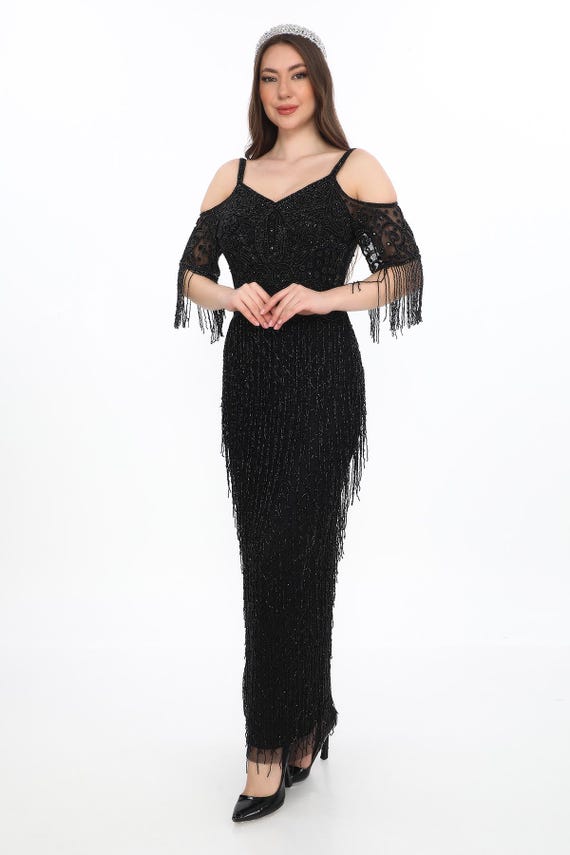 Daisy Black Tie Long Maxi Wedding Party Fringe Gown Prom Dress