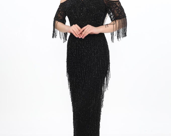 Daisy Black tie Long Maxi Wedding party Fringe Gown Prom Dress 1920s Great Gatsby Art Deco Downton Abbey Bridesmaids Speakeasy dress