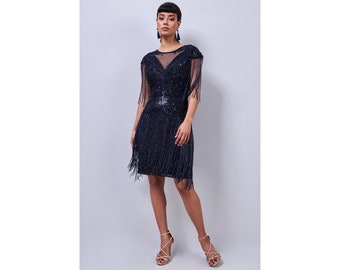 Plus Size UK20 US16 AUS20 EU48 Sybil Navy Blue Fringe Dress Jazz age 1920s inspired Great Gatsby Art Deco Charleston Bridesmaid Wedding