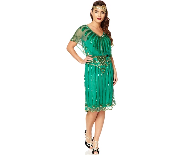 Angel Sleeve Emerald Green 20s Flapper Great Gatsby Charleston Downton Abbey Wedding Guest Bridesmaid Jazz age party Art Deco Dress Handmade