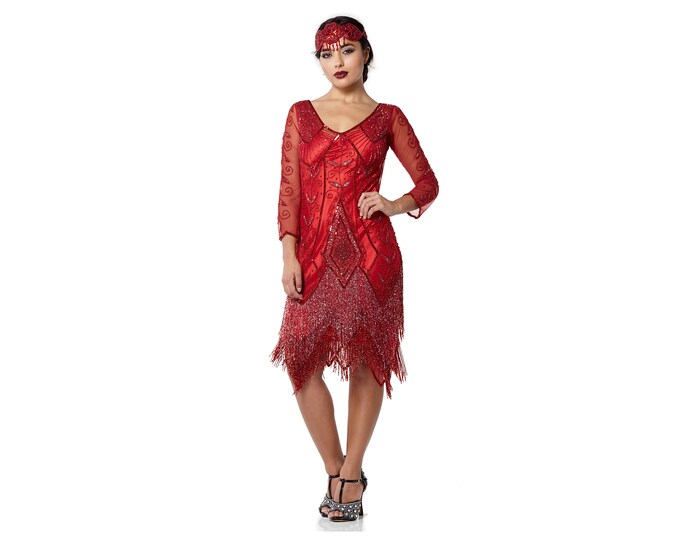 US6 UK10 AUS10 EU38 Scarlette Red Flapper Dress with sleeves Slip Included 20s inspired Great Gatsby Art Deco Charleston Downton Abbey New