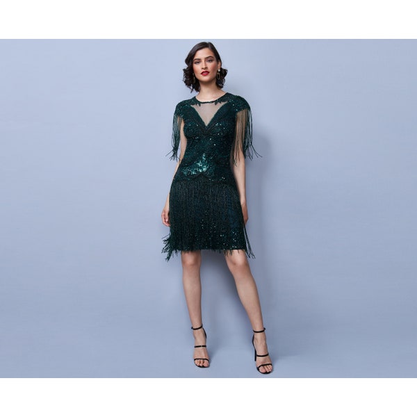 Sybill Fringe Flapper Dress in Green 1920s Vintage inspired Great Gatsby Art Deco Charleston Downton Abbey Bridesmaid Wedding Guest Swing