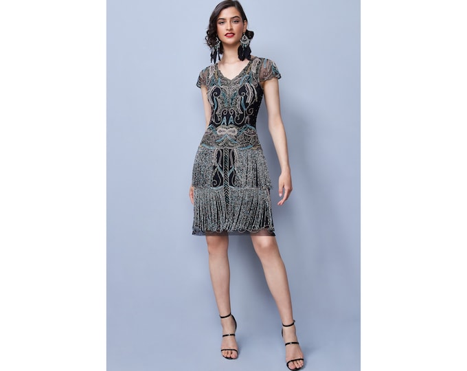 Plus Size Holland Fringe Flapper Dress in Black Silver Multi 1920s Vintage inspired Great Gatsby Art Deco Charleston Bridesmaid Wedding