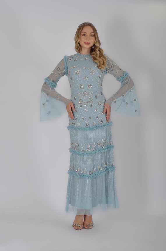 Long Sleeve Ice Blue Maxi Bohemian Wedding Guest Modest Wear Mother of Bride Prom Dress 1920s Great Gatsby Art Deco Bridesmaids Garden Party - Etsy Israel Long Sleeve Ice Blue Maxi Bohemian Wedding Guest Modest Wear Mother of Bride Prom Dress 1920s Great Gatsby Art Deco Bridesmaids Garden Party - Etsy Israel