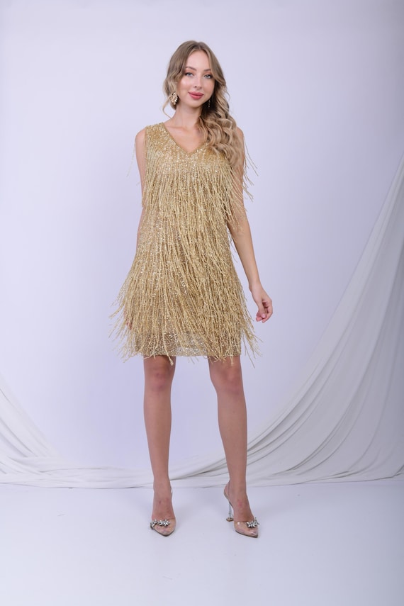 gold fringe cocktail dress 1960s Gilded Gold Fringe Dress, sz. M main image 0