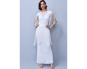 Plus Size US20 UK24 AUS24 EU52 Handmade White Ethel Fringe Maxi Wedding Gown Prom Dress 1920s Great Gatsby Art Deco Abbey Bridal Bohemian