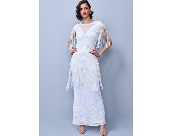 Plus Size US20 UK24 AUS24 EU52 Handmade White Ethel Fringe Maxi Wedding Gown Prom Dress 1920s Great Gatsby Art Deco Abbey Bridal Bohemian