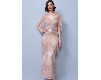 US6 UK10 EU38 AUS10 Handmade Ethel Blush fringe Maxi Wedding Guest Prom Dress 1920s Great Gatsby Art Deco Bridesmaids Charleston