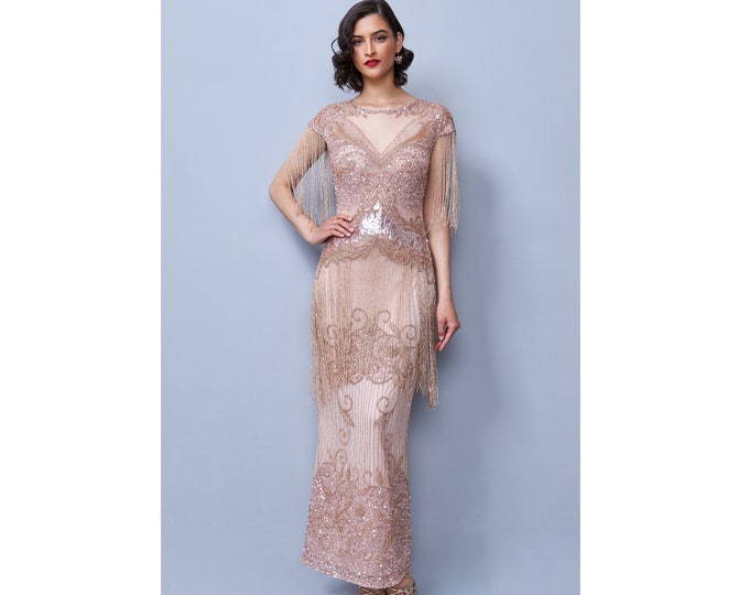 US6 UK10 EU38 AUS10 Handmade Ethel Blush fringe Maxi Wedding Guest Prom Dress 1920s Great Gatsby Art Deco Bridesmaids Charleston
