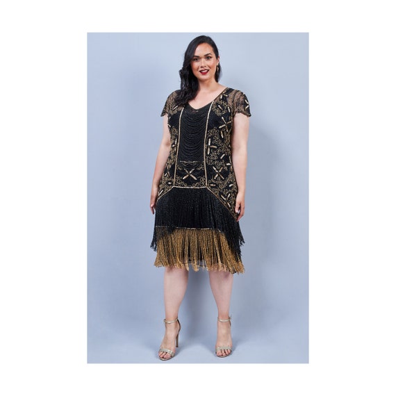 green emerald velvet dress Zapaka Women 1920s Plus Size Flapper Dress Black Golden 3/4 Sleeves Sequins Gatsby Dress, BlackGolden / S main image 1