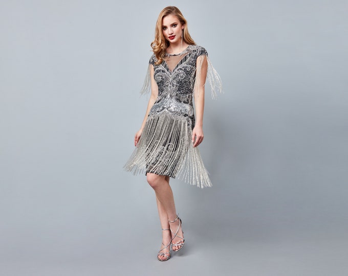 US6 UK10 AUS10 EU38 Sybil Black silver Fringe Dress 1920s Vintage inspired Great Gatsby Art Deco Charleston Downton Abbey Bridesmaid Wedding