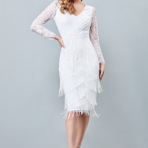 1920s Wedding Dresses- Art Deco Wedding Dress, Gatsby Wedding Dress     Vancouver Midi Flapper Dress in White V Neck Long Sleeves Wedding Bridal 1920s Vintage Great Gatsby Art Deco Fringe Downton Abbey Bridal  AT vintagedancer.com