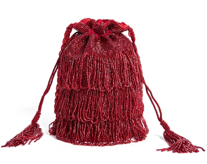 Vintage Inspired Tassel Bucket Pouch purse bag Red Wedding Bridal Bridesmaids Embellished 20s Great Gatsby Flapper Art Deco