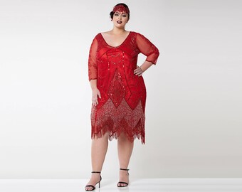 Plus size US20 UK24 AUS24 EU52 Scarlet Red Flapper Dress with sleeves Slip Included 1920s Great Gatsby Charleston Bridesmaid Downton Abbey