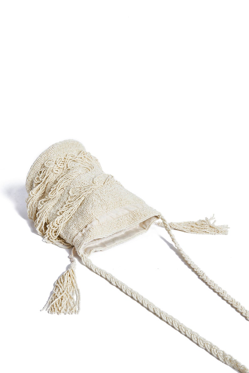 Vintage Inspired Tassel Bucket Pouch purse bag Cream Wedding Bridal Bridesmaids Embellished 20s Great Gatsby Flapper Art Deco image 2