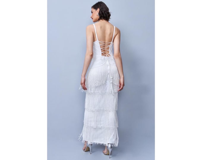 Limited Edition Tessa White Bridal Gown maxi Fringe Great Gatsby 1920s Vintage Inspired Flapper Art Deco Bridal shower Wedding Reception