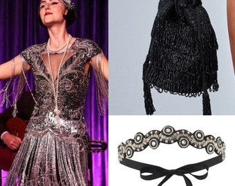 Flapper Set Black silver Fringe Dress Bucket bag Headband 20s Vintage inspired Great Gatsby Art Deco Downton Abbey Bridesmaid Wedding guest