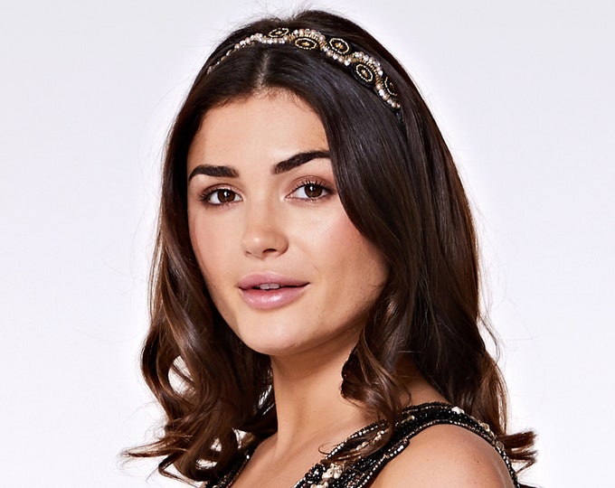Black Gold Eliza Great Gatsby Flapper Wedding Headband Vintage inspired 20s Beaded Charleston Downton Abbey Wedding Art Deco New HandMade