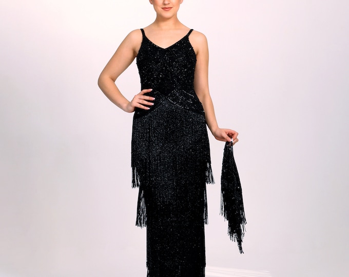 Limited Edition Tessa Black Gown maxi Fringe Great Gatsby 1920s Vintage Inspired Flapper Art Deco Bridesmaids Wedding guest dress