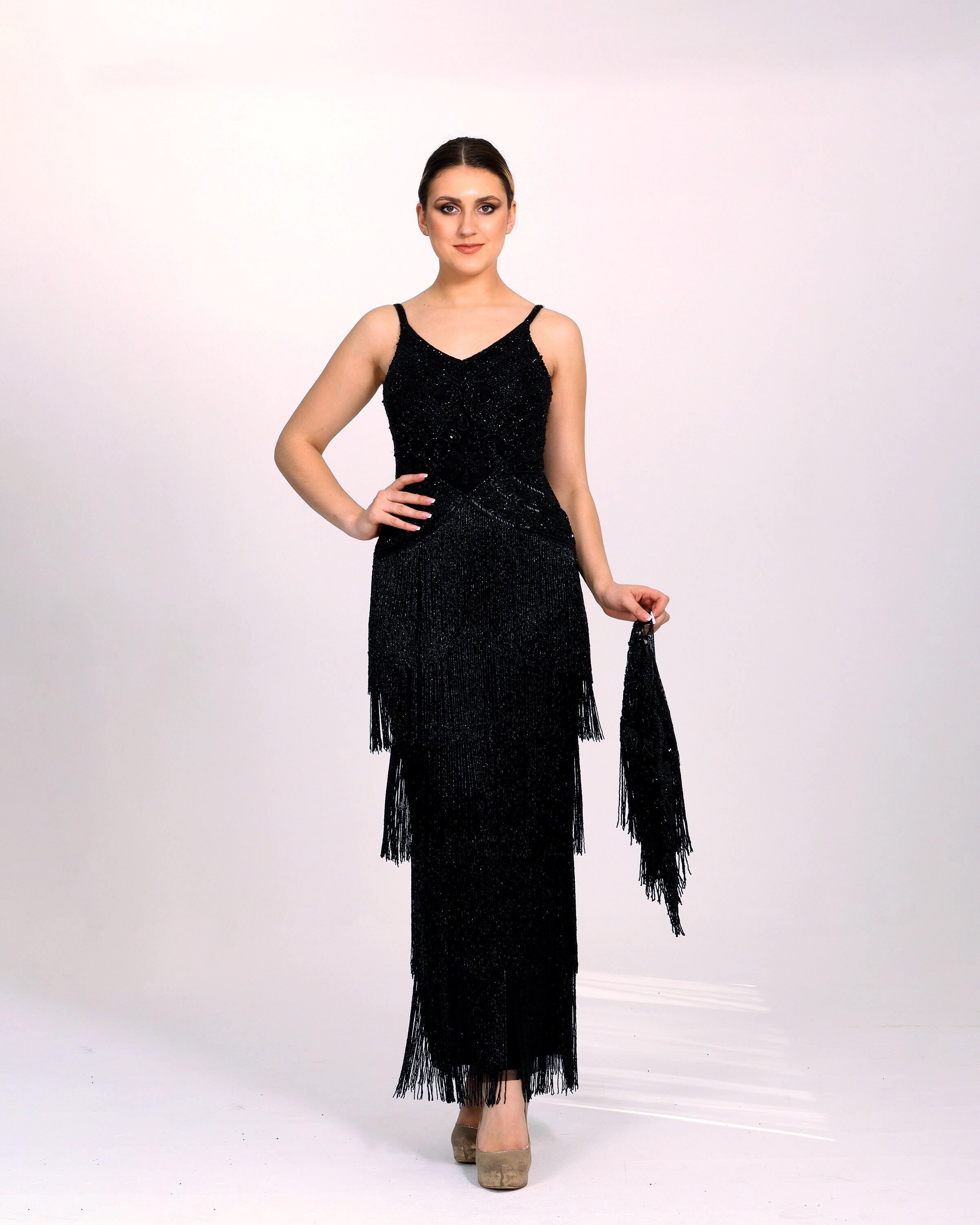 US4 UK8 AUS8 EU36 Limited Edition Tessa Black Gown maxi Fringe Great Gatsby 1920s Inspired Flapper Art Deco Bridesmaids Wedding guest dress