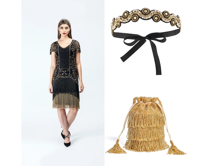 Flapper Set Black Gold Fringe Dress Headband Gold Bucket bag 1920s Great Gatsby Art Deco Charleston Downton Abbey Bridesmaid Wedding guest