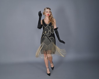 Flapper Jade Black Gold Fringe Jazzage Dress 1920s Great Gatsby Art Deco Charleston Downton Abbey Bridesmaid Wedding guest Swing