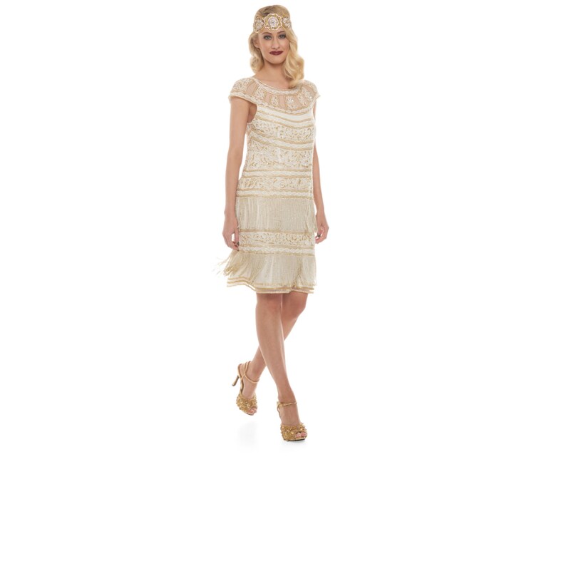 US8 UK12 AUS12 EU40 Ivory Gold Flapper Clara Fringe Dress 20s Great Gatsby ArtDeco Downton Abbey Bridesmaid Wedding Receptions Bridal Shower