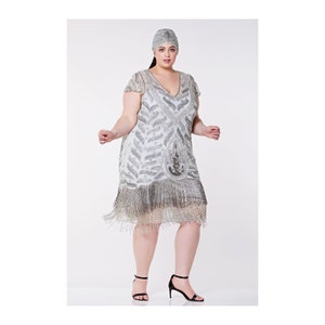 Vegas Grey Silver Plus Size Flapper Dress Slip Included 1920s inspired Great Gatsby Art Deco Charleston Downton Abbey Bridesmaid Wedding