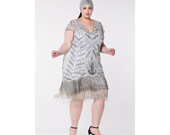 Vegas Grey Silver Plus Size Flapper Dress Slip Included 1920s inspired Great Gatsby Art Deco Charleston Downton Abbey Bridesmaid Wedding