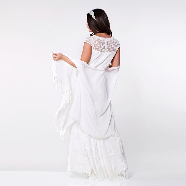 Canada Duty Free Shipping Abigail Off White Fringe Shawl Cape Bolero Shrug with Beaded Armhole 20s Great Gatsby Flapper Art Deco Hand made
