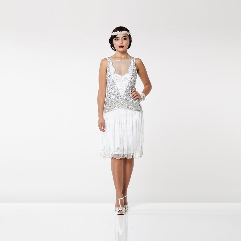 White Elaina Flapper Dress 1920s Great Gatsby Art Deco Downton Abbey Bridesmaid Wedding reception Bridal Shower Rehearsal Dinner image 1