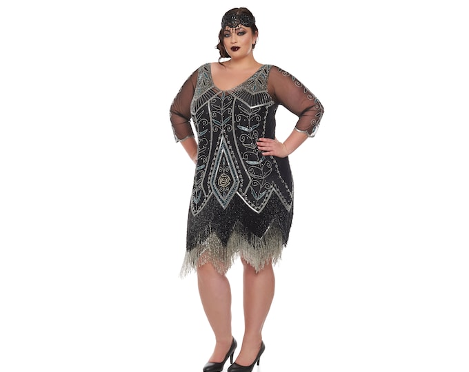 US16 UK20 AUS20 EU48 Plus Size Scarlet Black silver Flapper Dress with Slip sleeves 20s Great Gatsby Art Deco Charleston Downton Abbey
