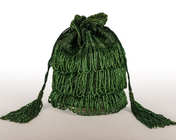 Vintage Inspired Tassel Bucket Pouch purse bag Green Wedding Bridal Bridesmaids Embellished 20s Great Gatsby Flapper Art Deco