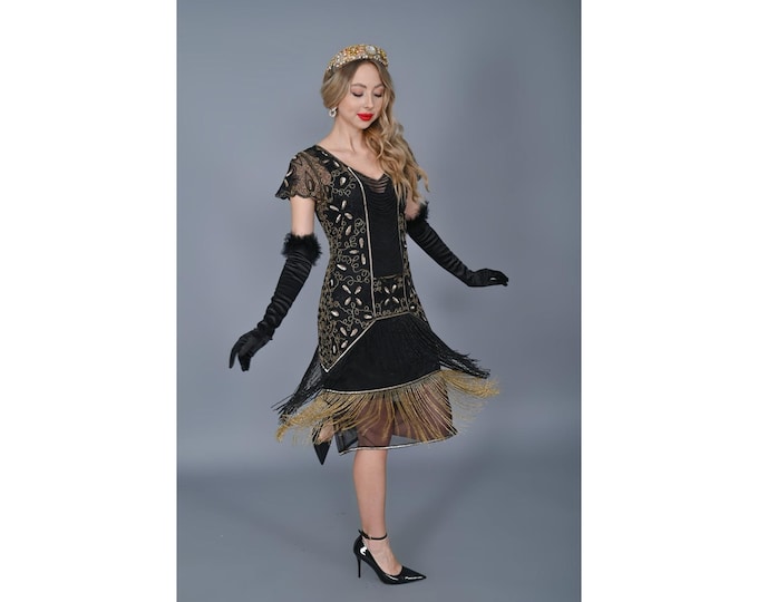US4 UK8 AUS8 EU36 Hand made Edith Black Gold Fringe Flapper Dress 20s Great Gatsby Art Deco Charleston Downton Abbey Bridesmaid Wedding