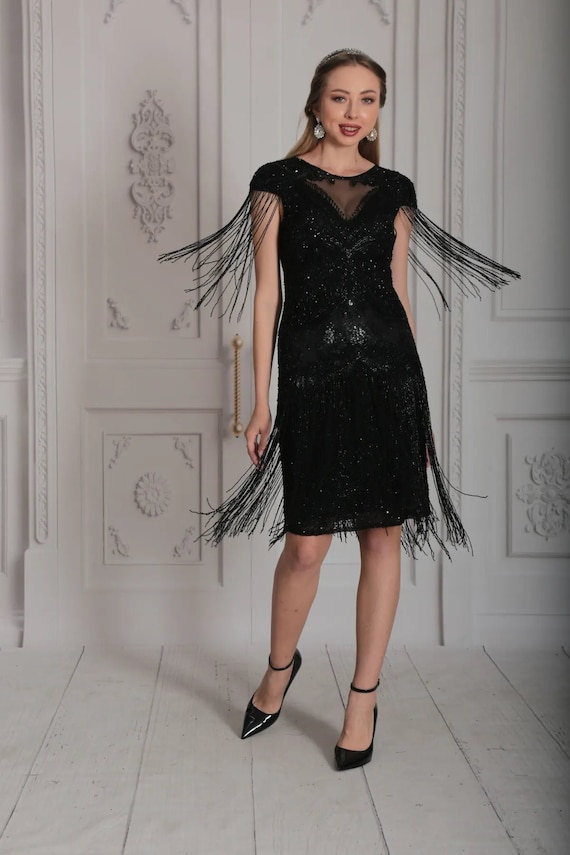 US8 UK12 EU40 AUS12 Black Fringe Dress 1920s Vintage Inspired Great Gatsby Art Deco Charleston Speakeasy Bridesmaid Wedding Guest Swing Etsy Canada