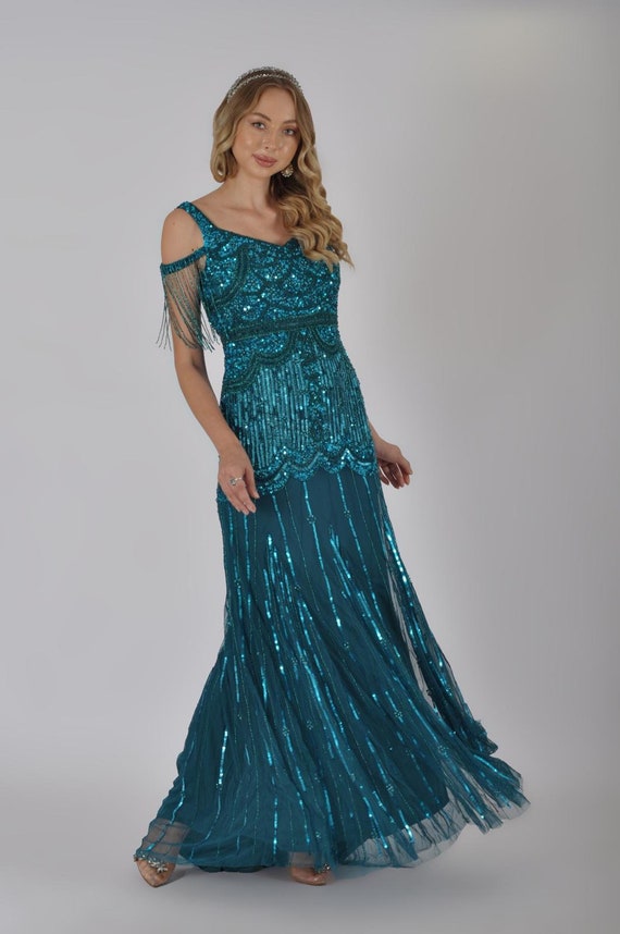 Chloe Teal Tie Open Back Maxi Prom Dress 1920s Great Gatsby Art Deco Downton Abbey Bridesmaid Wedding Reception