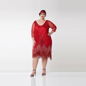 Plus size Scarlet Red Flapper Dress with sleeves Slip Included 20s inspired Great Gatsby Art Deco Charleston Bridesmaid Downton Abbey Beaded