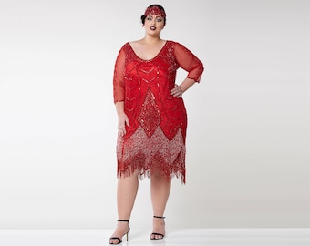 Plus size Scarlet Red Flapper Dress with sleeves Slip Included 20s inspired Great Gatsby Art Deco Charleston Bridesmaid Downton Abbey Beaded