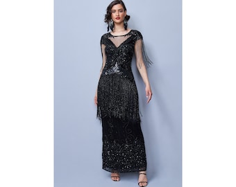 US8 UK12 AUS12 EU40 Handmade Black Ethel fringe Long Maxi Wedding Gown Prom Dress 1920s Great Gatsby Bridesmaids Speakeasy Black Tie