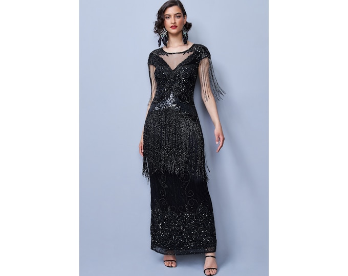 US8 UK12 AUS12 EU40 Handmade Black Ethel fringe Long Maxi Wedding Gown Prom Dress 1920s Great Gatsby Bridesmaids Speakeasy Black Tie