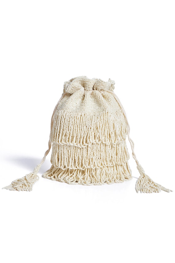 Vintage Inspired Tassel Bucket Pouch purse bag Cream Wedding Bridal Bridesmaids Embellished 20s Great Gatsby Flapper Art Deco