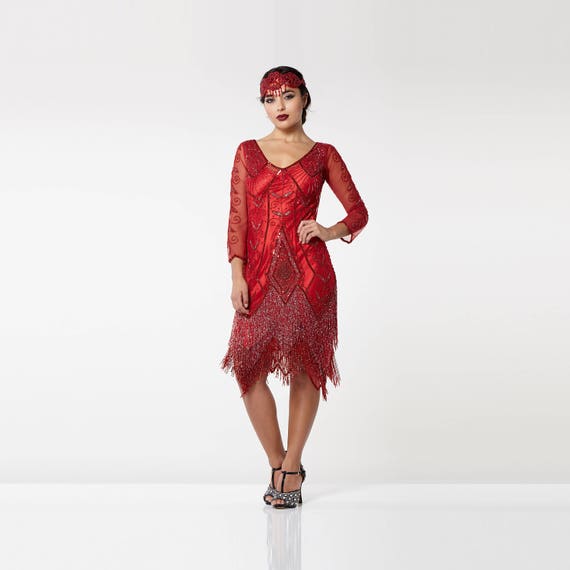 US14 UK18 AUS18 EU46 Scarlet Red Flapper Dress with sleeves Slip Included 1920s Great Gatsby Deco Charleston Downton Abbey Bridesmaids Jazz