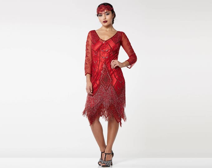 US14 UK18 AUS18 EU46 Scarlet Red Flapper Dress with sleeves Slip Included 1920s Great Gatsby Deco Charleston Downton Abbey Bridesmaids Jazz