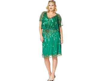 US26 UK30 AUS30 EU58 Plus Size Angel Sleeve Emerald Green 20s Flapper Great Gatsby Charleston Wedding Guest Bridesmaid Jazz age party Dress