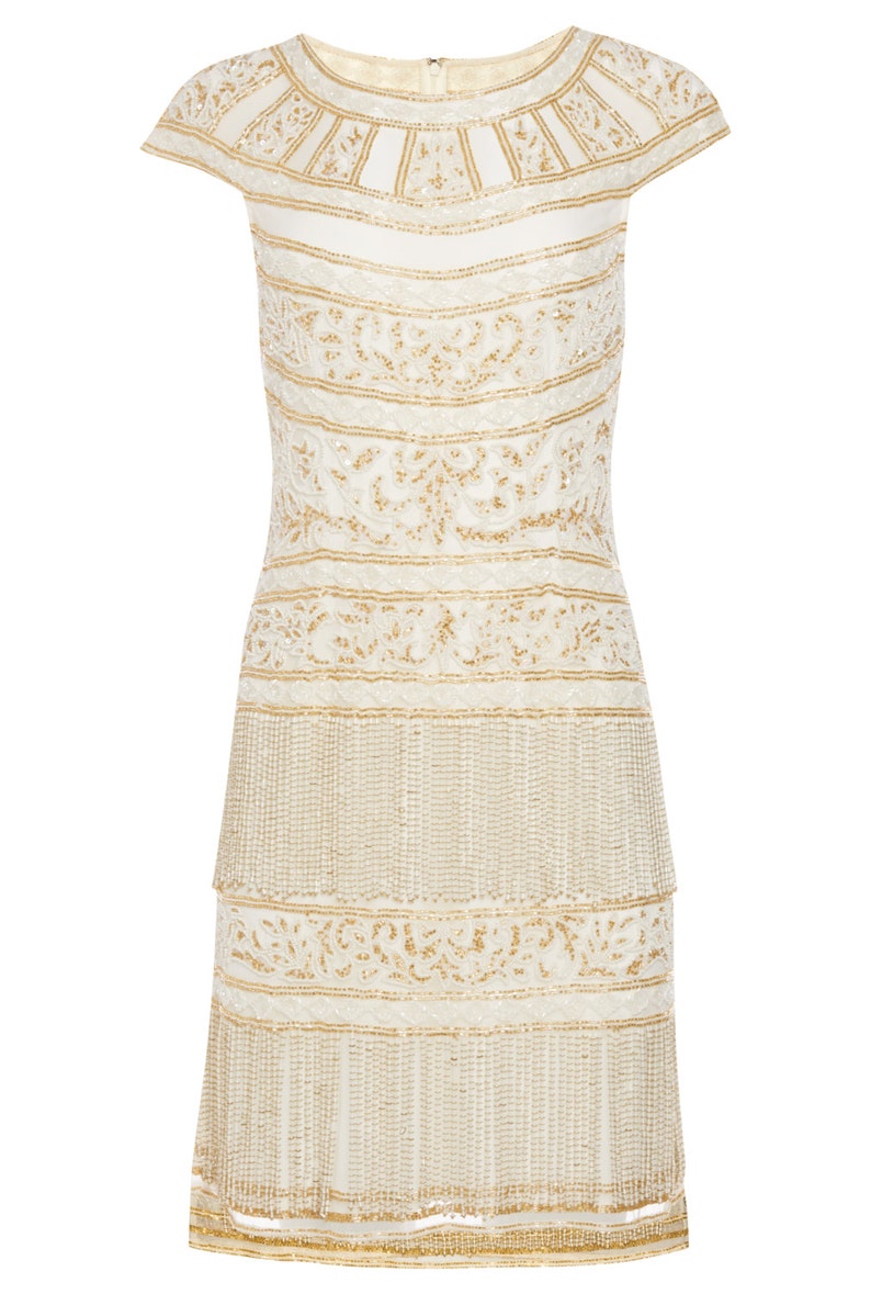 US8 UK12 AUS12 EU40 Ivory Gold Flapper Clara Fringe Dress 20s Great Gatsby ArtDeco Downton Abbey Bridesmaid Wedding Receptions Bridal Shower