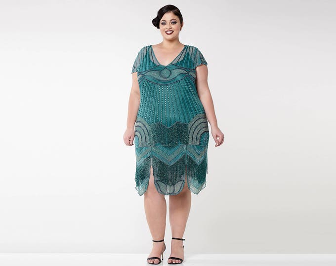 US16 UK20 AUS20 EU48 Plus Size BeatriceTeal Flapper Dress Handmade 1920s Great Gatsby Art Deco Charleston Bridesmaid Wedding Jazz Age