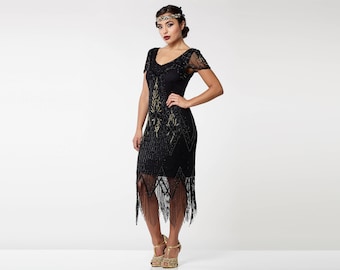 US0 UK4 AUS0 EU32 Black Gold Annette Vintage 20s Flapper Great Gatsby Downton Abbey Charleston Bridesmaid Wedding Guest Black Tie Dress